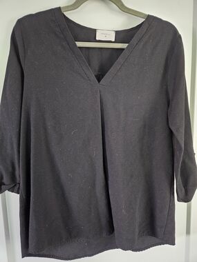 Everly Black V Neck Blouse Pleated Front Lightweight Top
